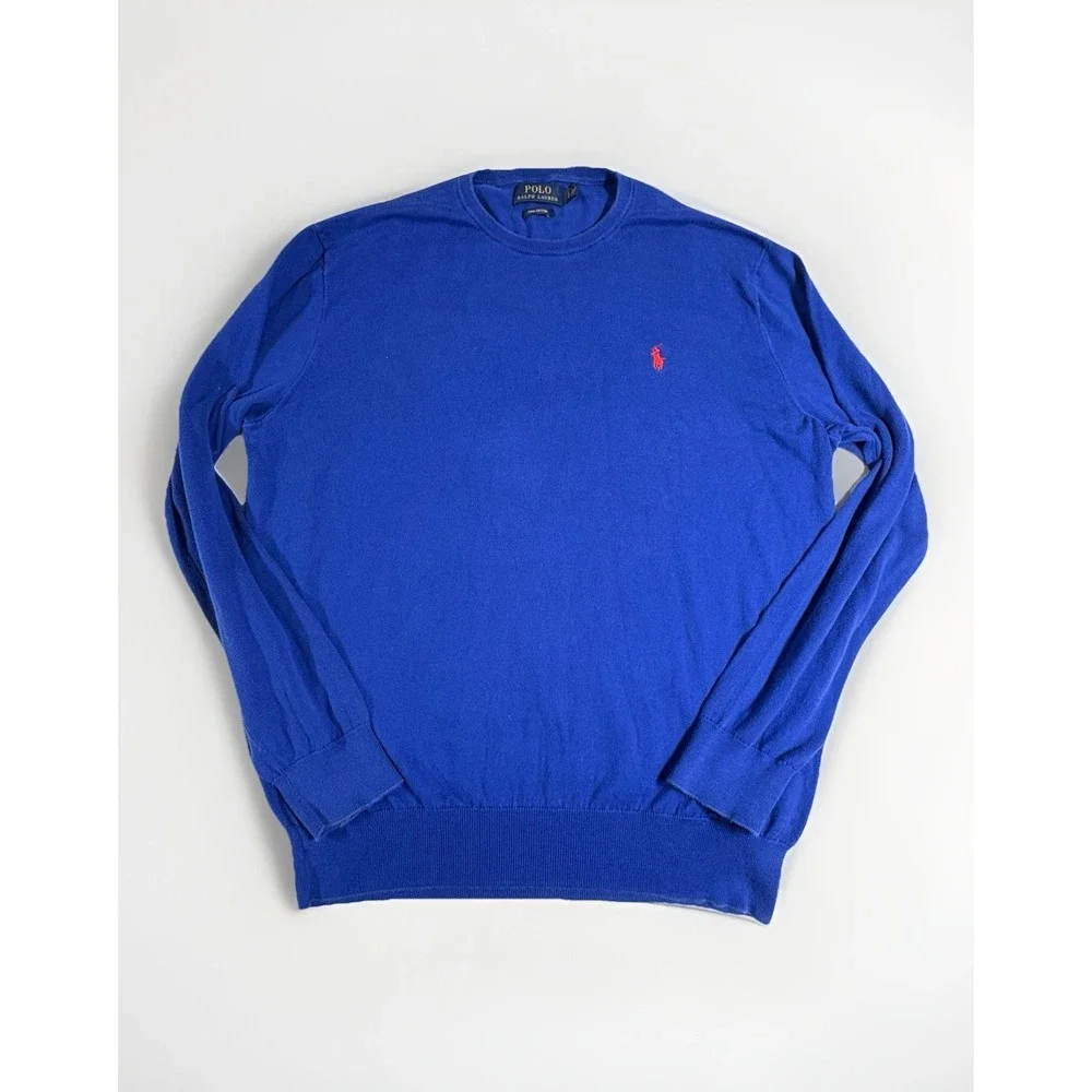 Polo Ralph Lauren Sweater Mens Large Blue Pima Cotton Crewneck Pullover Red Pony